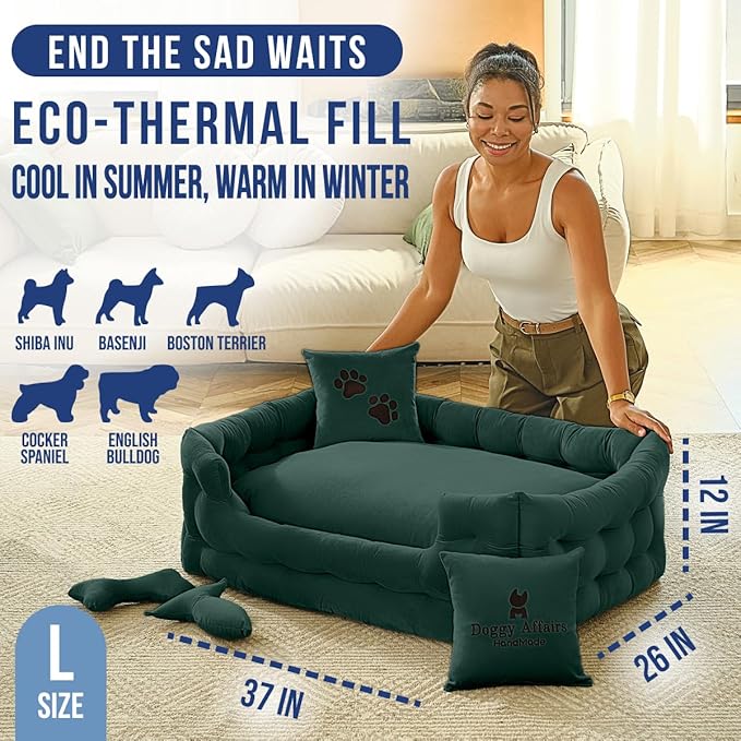 Luxury Dog Bed Chesterfield – Handcrafted Velvet Throne for Dogs | Joint Support, Calming & Temp-Regulating Comfort | Durable 5+ Years, Anti-Claw, Washable 100+ Times – L, Green