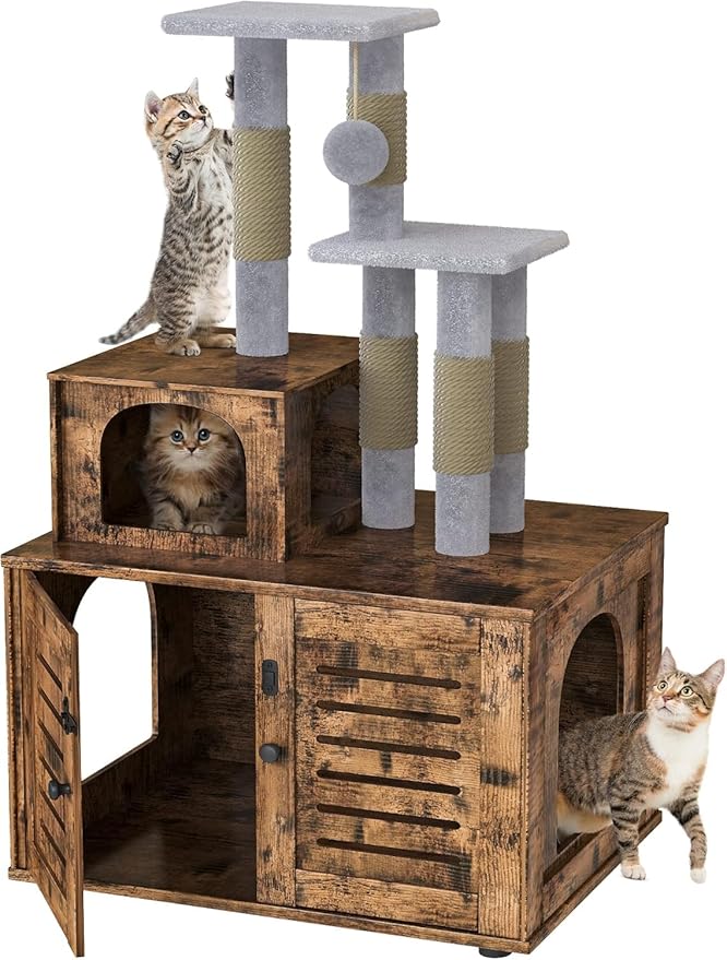 Cat Litter Box Enclosure with Cat Tree Tower 2-in-1 Hidden Pet Washroom Furniture with Scratching Post and Soft Plush Perch Platform Wooden Cat House Divided Condo for Indoor Large Cats Rustic Brown