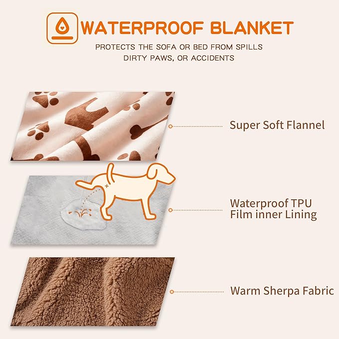 Waterproof Dog Blankets Pet Blanket 50"x60", Soft Fluffy Sofa Car Bed Protector, Reversible Sherpa Fleece Dog Blanket for for Small Medium Large Dogs Cats (Beige-House)