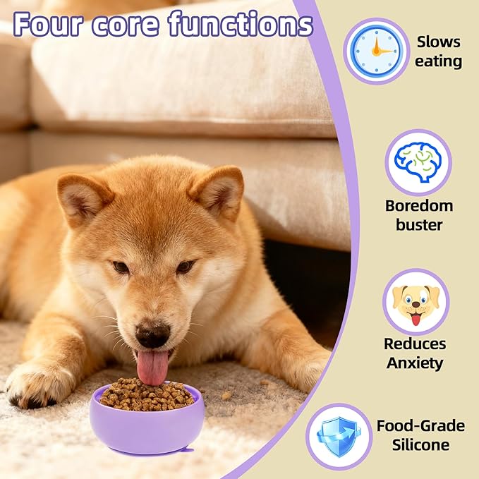 Purple Dog Puzzle Toy & Lick Mat for Bathing - Grooming Helper & Boredom Buster Slow Feeder Bowl with Suction Cups for Dogs and Cats - Interactive Treat Dispenser