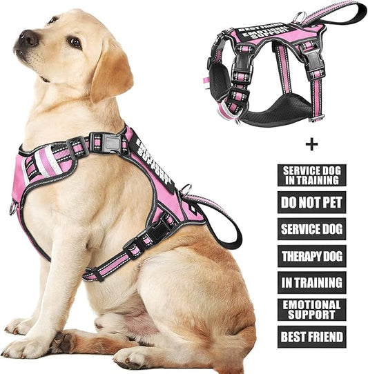 WINSEE Large Pink Service Dog Harness with 7 Patches, No Pull Reflective Dog Vest for Training, Mesh Soft Padded Handle, Adjustable Fit for Dogs 50-80 lbs.