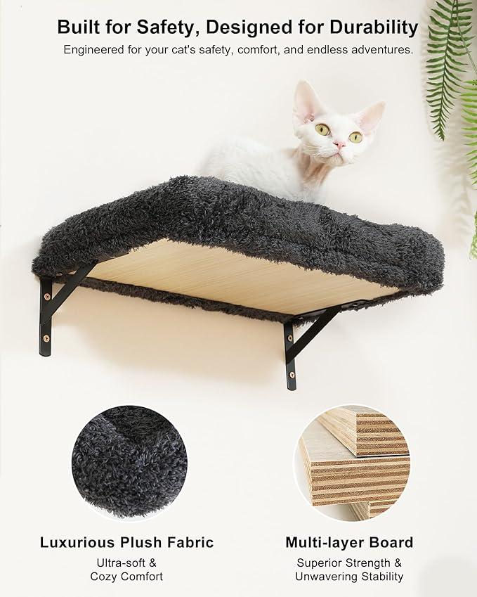 FUKUMARU Cat Wall Shelves, Stable 3-in-1 Wall Mounted Cats Furniture Set, Kitten Scratching Post with Soft Cushion Perch, Space Saving Climbing Wall for 16 Inch Drywall - Gray