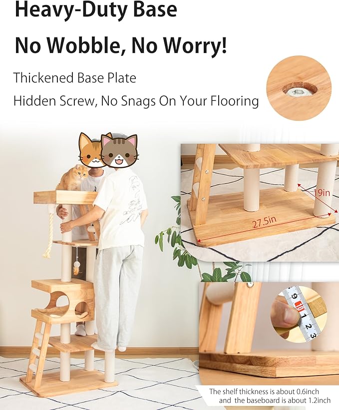 Wood Cat Tree for Large Cats, 62-Inch Tall Modern Cat Tower with Condo & Scratching Posts - Easy to Clean, Heavy-Duty, Furniture-Grade Design for Stable Climbing, Eco-Friendly (White 62'')