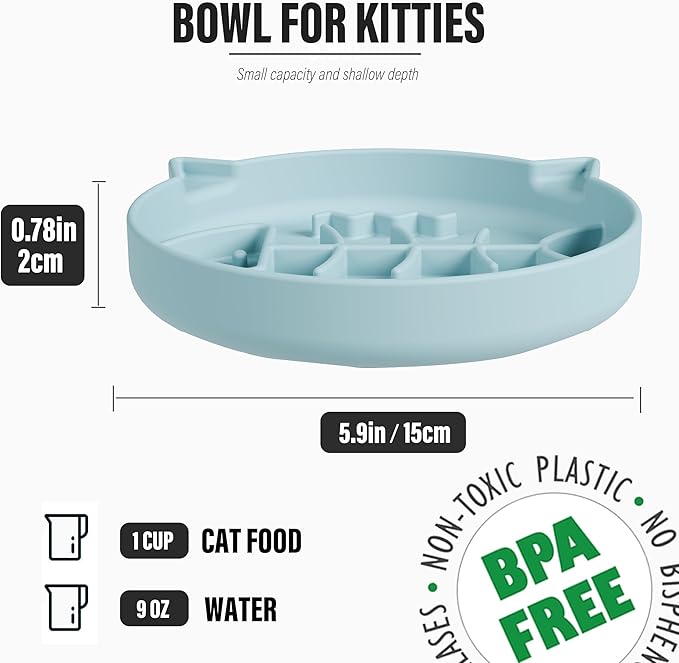 Silicone Cat Slow Feeder Bowl with Suction Cups, Puzzle Feeder, Interactive Toys for Cats, Reduces Overeating (Blue, 1 Cup)