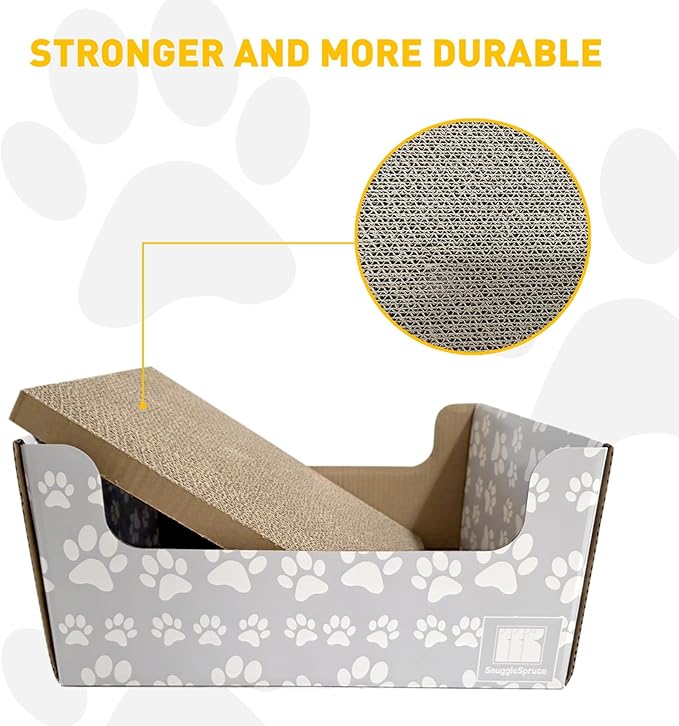 SnuggleSprunce 2-in-1 Cat Scratcher, Heavy Duty Scratching Toy, Eco-Friendly Cardboard Box with Refillable Double Sided Scratch Pad, for Cats and Kitty, Indoor Pet Furniture, Light Gray