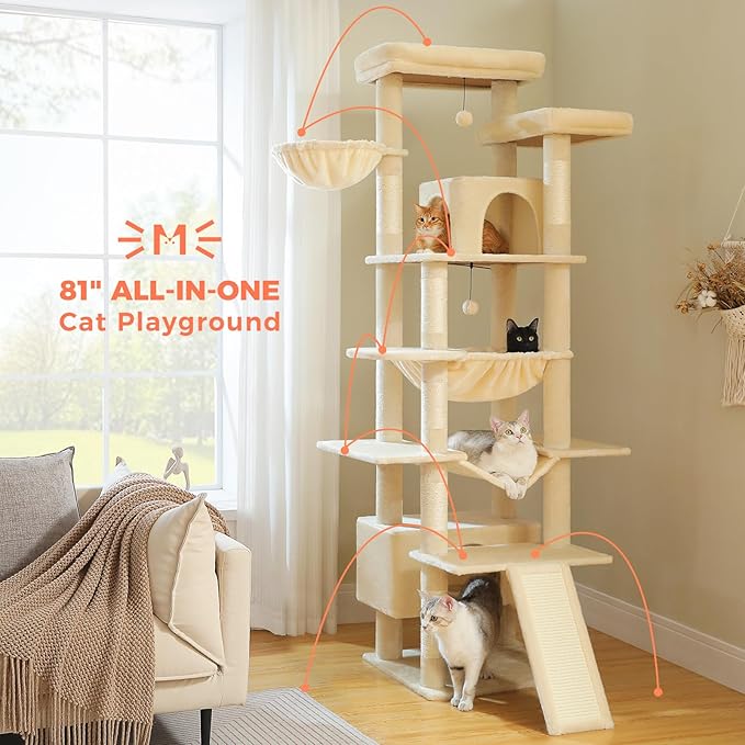 81 Inches Tall Cat Tree for Indoor Cats Large Adult - Multi-Level Cat Tower with Large Metal Frame Hammock, 2-in-1 Scratching Ramp, 2 Top Perches, 2 Cozy Condos & 6 Scratching Posts - Beige