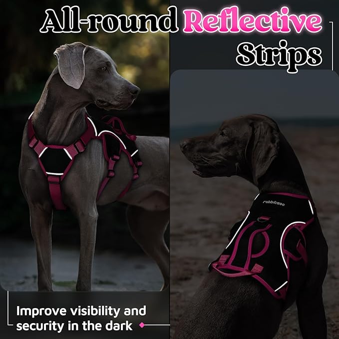 rabbitgoo Escape Proof Dog Harness Large Dogs, Soft Padded Full Body Pet Harness, Reflective Adjustable No Pull Vest with Lift Handle and Leash Clip for Walking Hiking Training, Pink & Black, L