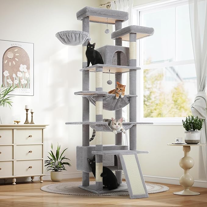 81 Inches Tall Cat Tree for Indoor Cats Large Adult - Multi-Level Cat Tower with Large Metal Frame Hammock, 2-in-1 Scratching Ramp, 2 Top Perches, 2 Cozy Condos & 6 Scratching Posts - Grey