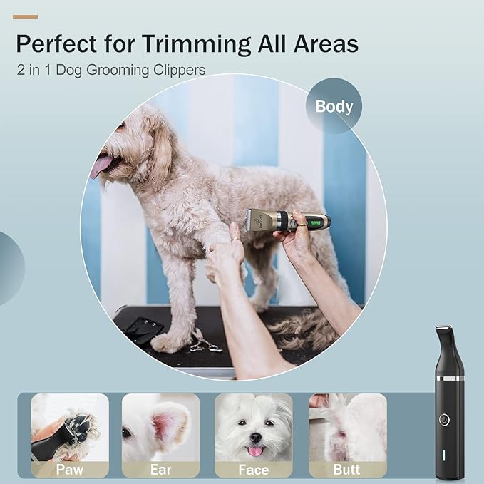 oneisall Dog Grooming Clippers and Paw Trimmer Kit 2 in 1 Quiet Cordless Dog Clippers for Grooming Pet Hair Paws Trimmers for Small Dogs Cats Animals