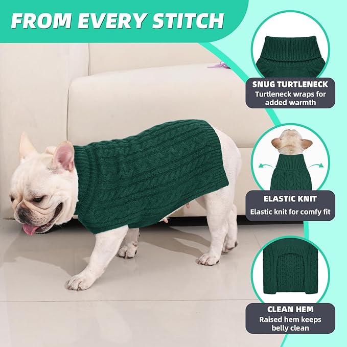 2 Pack Dog Sweaters for Medium Dogs Turtleneck Pullover Cable Knit Stretch Clothes French Bulldog Dachshund Boston Terrier Corgi Beagle Pug Boy Girl Pets Winter Clothes (L, Green & Brown)