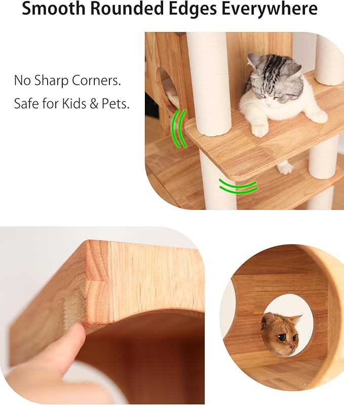 Wood Cat Tree for Large Cats, 62-Inch Tall Modern Cat Tower with Condo & Scratching Posts - Easy to Clean, Heavy-Duty, Furniture-Grade Design for Stable Climbing, Eco-Friendly (White 62'')