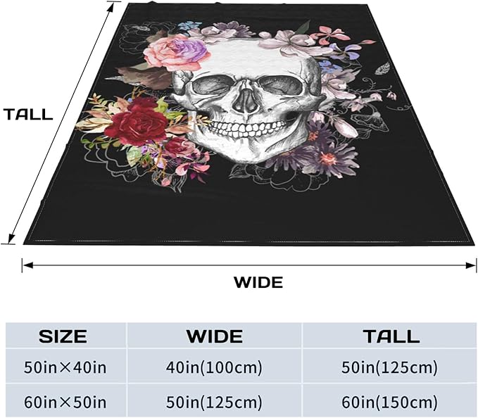 Sugar Skull Throw Blanket, Lightweight All Seasons Skull Flower Fleece Blanket for Women Girl, Black Warm Fuzzy Blanket for Bed Couch Sofa (40"x 50")