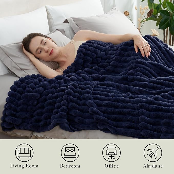 Amélie Home Faux Fur Throw Blanket for Couch, Cozy Fuzzy Fluffy Fur Luxurious Soft Striped Plush Gift Blankets for Family Sofa Chair Bedroom, 55"x70", Navy Blue
