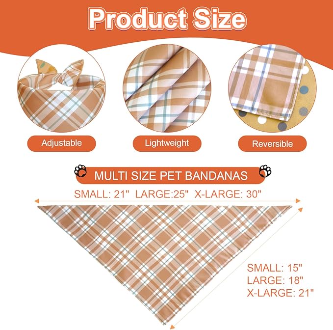 Fall Dog Bandanas Large 3PCS, 6 Pattern Thanksgiving Scarf for Boy and Girl, Plaid and Stripe Triangle Reversible Bibs Breed for Puppy Pets