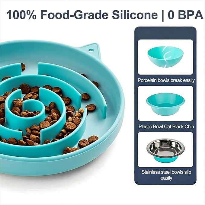 Slow Feeder Cat Bowl, Durable Anti-Gulping Cat Food Bowl for Healthy Digestion, Maze Design Easy to Clean for Wet/Dry Food(Gyan) (Cyan)