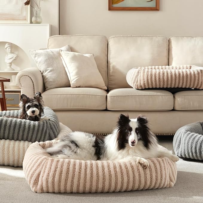 MIXJOY Dog Bed for Medium Sized Dogs, Washable Medium Dog Beds with Removable Cover, Rectangle Pet Beds with Non-Slip Bottom, Warming Calming Dogs Cuddler, 25"x21"x7", Beige