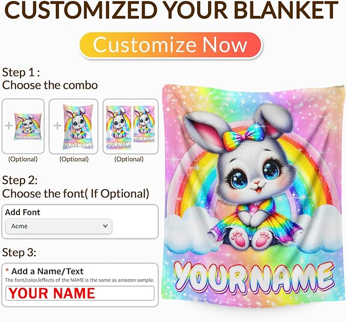 Blanket for Girls Personalized Bunny Throw for Kids Teens Rabbit Lovers, 60x80 Inches Lightweight Soft Cute Rainbow Print Throw Blankets for Sofa Couch Living Room Bed