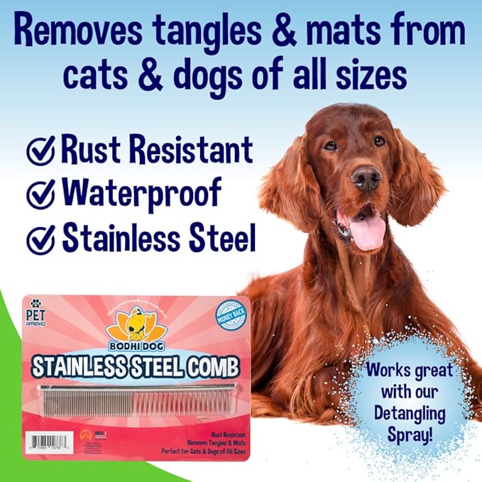 Bodhi Dog Stainless Steel Comb & Shampoo Brush - Bath & Shower Supplies for Dogs & Cats - Removes Shedding, Mats & Tangles - Pet Grooming Scrubber Bundle (Blue)