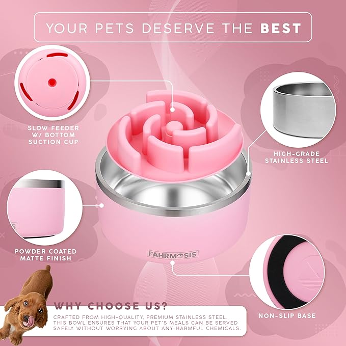32 Oz Dog Bowl with Slow Feeder Insert Stainless Steel Pet Water Bowl for Medium & Large Breed Non Slip Rubber Base & Plastic Puzzle Feeder - Pink