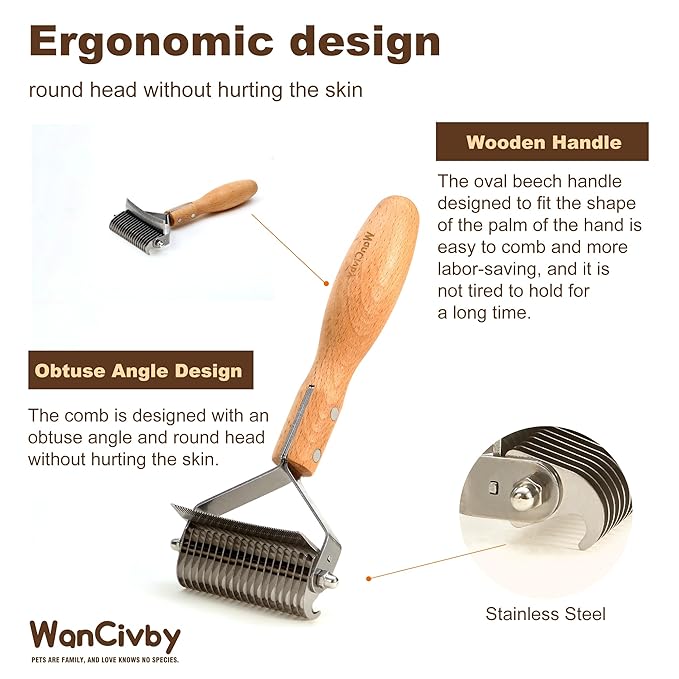 Undercoat Rake Dog Brush Dematting Comb cat shedding tool Dematting Tool Pet Brush Efficiently Detangle and Groom Coats for Large Medium Small Dogs and Cats Comb for Grooming Premium Wood Handle