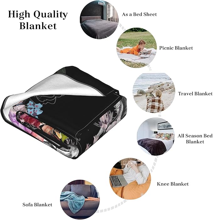 Sugar Skull Throw Blanket, Lightweight All Seasons Skull Flower Fleece Blanket for Women Girl, Black Warm Fuzzy Blanket for Bed Couch Sofa (40"x 50")
