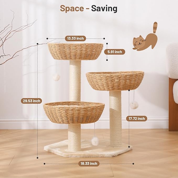 Modern Rattan Cat Tree House Condo Climbing Tower with Scratching Post for Indoor Large Adult Cat