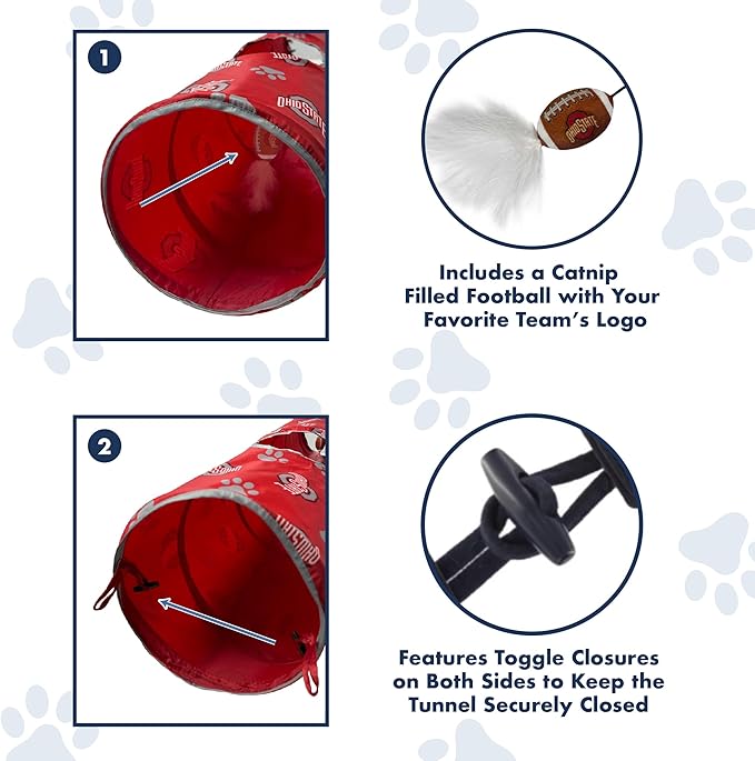 NCAA Ohio State Buckeyes Cat Tunnel Tube Toy with Plush Football Catnip and Feathers