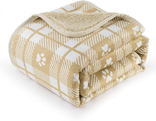 Waterproof Dog Blankets Pet Blanket 50"x60", Soft Fluffy Sofa Car Bed Protector, Reversible Sherpa Fleece Dog Blanket for Large Dogs Christmas Decor(Light Yellow)