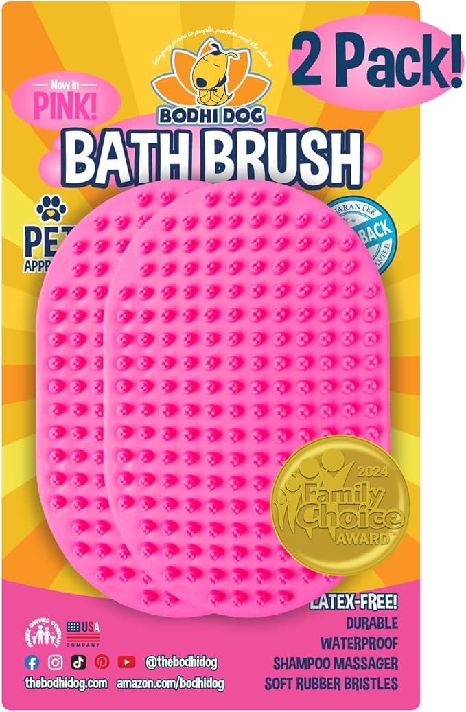 Bodhi Dog Shampoo Brush - Pet Grooming & Bath Supplies for Dogs and Cats - Bath Brush for Long & Short Hair - Premium Scrubber for Shower, Bathing & Massage (Two Pack, Pink)