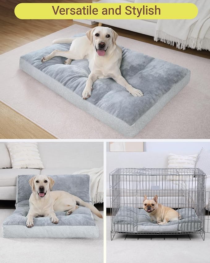 Washable Dog Bed for Large Sized Dog, Crate Bed Plush Pet Kennel Pad with Non-Slip Bottom, Pet Sleeping Mat, 35x23 Inch, Light Gray