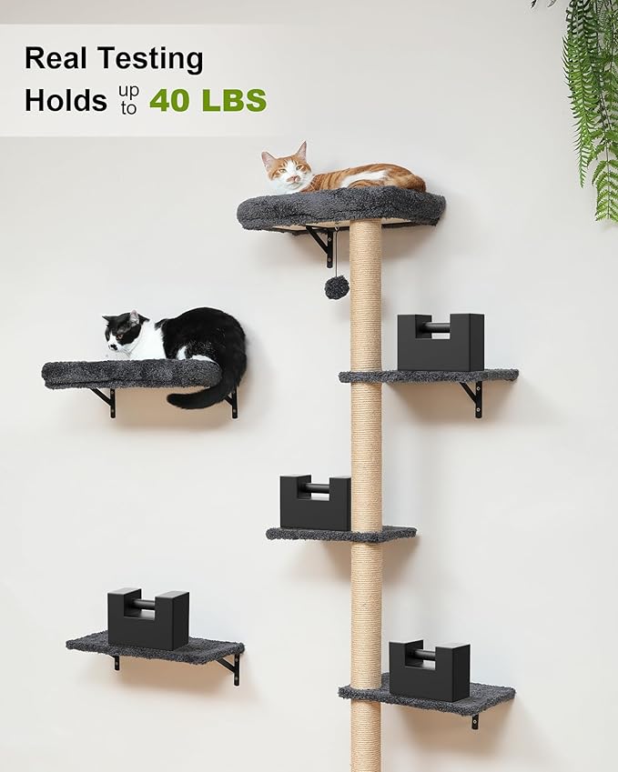 FUKUMARU Cat Wall Shelves, Stable 3-in-1 Wall Mounted Cats Furniture Set, Kitten Scratching Post with Soft Cushion Perch, Space Saving Climbing Wall for 16 Inch Drywall - Gray
