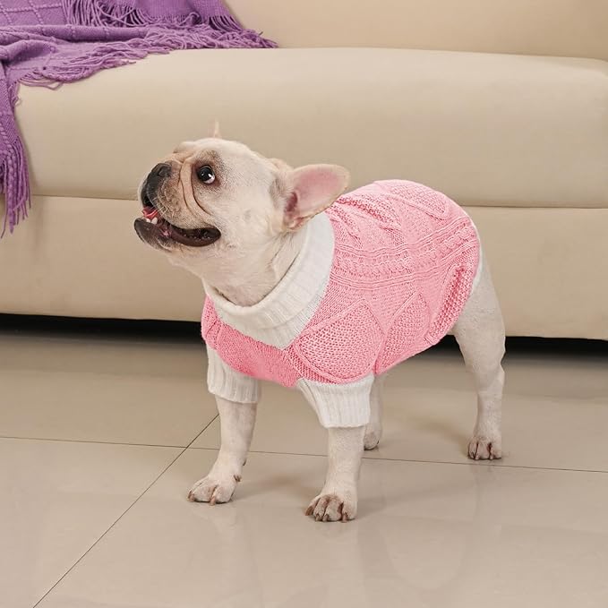 Dog Sweater for Medium Dogs Argyle Cable Knit Turtleneck Pullover Winter Clothes Boys Girls French Bulldog Dachshund Corgi Beagle Pug Pet (M, Pink)