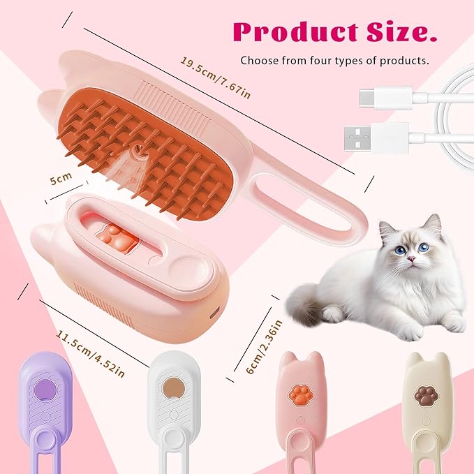 Cat Brush Cat Steam Brush Rechargeable Steamy Pet Grooming For Shedding, Water Spray Massage Brushs, Dog Hair Removal Self Cleaning Brushs Steamer Wet Spa Comb (Pink)
