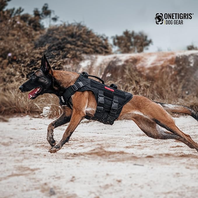 OneTigris Large Tactical Dog Harness, No Pulling Adjustable Dog Vest Harness, Heavy Duty Dog Harness with Handle, Large Hook and Loop Panels for Patch(Black,S)