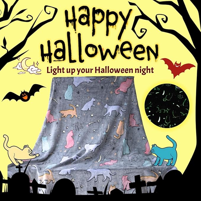 Halloween Best Gift Glow in The Dark Cute Cat Throw Blanket with Storage Bag, Soft Fuzzy Girls Kids Blankets, Birthday, Christmas, New Year Gifts for Girls Boys,Day Care Home Travel Use, 50"x60" Grey