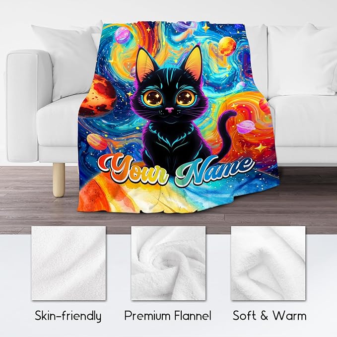 Cat Blankets for Cat Lovers - Personalized Girls Blanket for Toddler/Kids/Women - Lightweight Planet Throws Gifts for Office Couch, Room