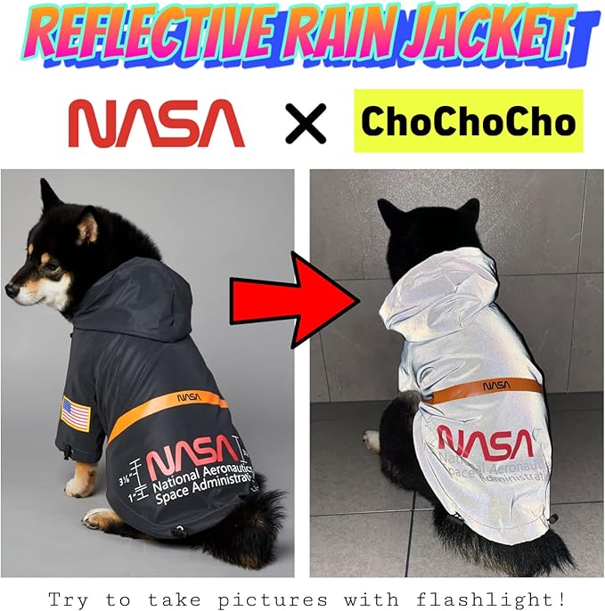 ChoChoCho NASA Dog Raincoats, Reflective Rain Jacket Water Proof, Dog Clothes Cat Outfit for Small to Large Dogs (Black, M)