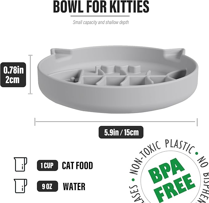 Silicone Cat Slow Feeder Bowl with Suction Cups - Interactive Puzzle Toy to Reduce Overeating in Kitty(Gray, 1 Cup)