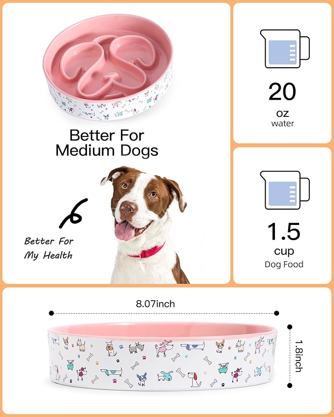 Slow Feeder Dog Bowl, Ceramic Dog Bowls 1.5 Cups Interactive Puzzle Feeder for Fast Eaters, Prevent Bloat & Choking, for Small Medium Large Dogs, Pink 