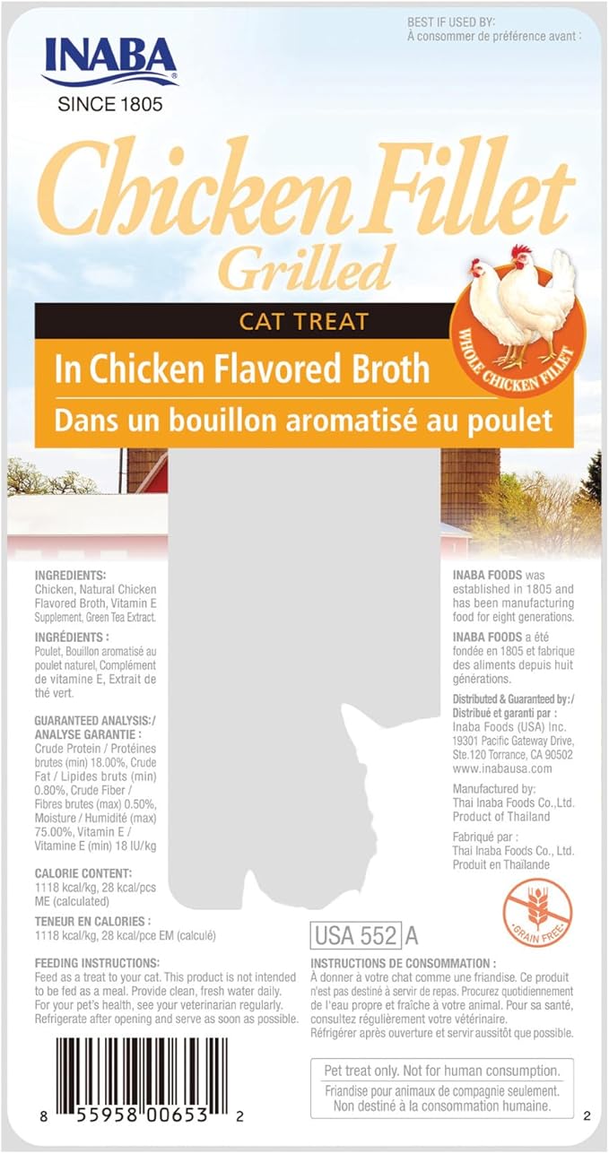 INABA Natural, Premium Hand-Cut Grilled Chicken Fillet Cat Treats/Topper/Complement with Vitamin E and Green Tea Extract, 0.9 Ounces Each, Pack of 6, Chicken Broth