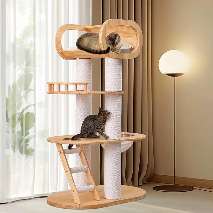 63'' Tall Solid Wood Modern Cat Tree Tower for Indoor Large Cats,Multi-Level Heavy Duty Cat Furniture with Condo Removable Cushion Sisal Scratching Posts Clear Bowl Hammock for Maine Coon