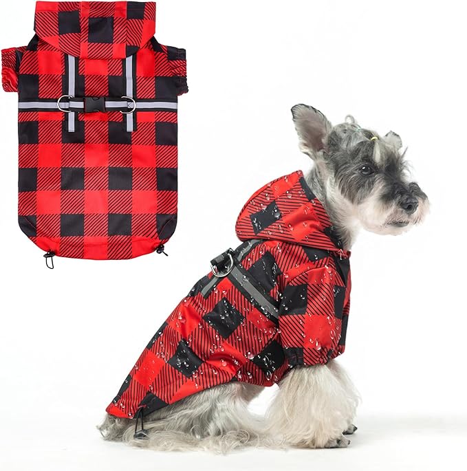 BEAUTYZOO Dog Raincoat Hooded with Harness Built-in for Small Medium Large Dogs Girls Boys, Dog Rain Jacket Slicker Poncho,Waterproof Dog Rain Coat Clothes for Winter Rainy Snowy Days, Buffalo Red, S