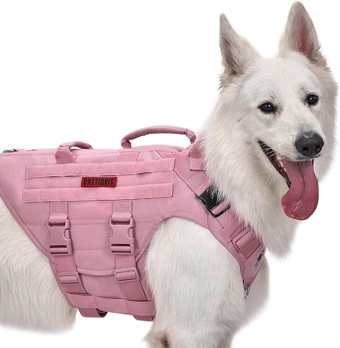 OneTigris Large Tactical Dog Harness, No Pulling Adjustable Dog Vest Harness, Heavy Duty Dog Harness with Handle, Large Hook and Loop Panels for Patch(Pink,M