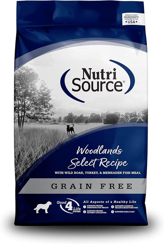 NutriSource Woodland Select Grain Free Dry Dog Food, Boar, Turkey and Menhaden Fish Meal, 26LB