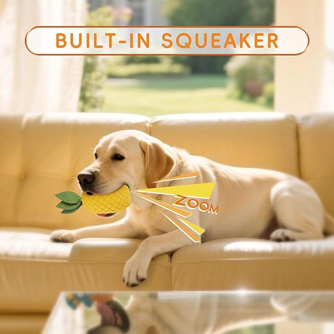 Pineapple Dog Toy, Indestructible Chew Toy with Squeaker, Durable Nature Rubber for Medium Large Breed Dogs, Interactive Play, Teeth Cleaning, Boredom Relief
