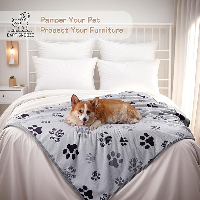 Waterproof Dog Blankets Pet Blanket 60"x80", Soft Fluffy Sofa Car Bed Protector, Reversible Sherpa Fleece Dog Blanket for Large Dogs (Light Grey-Paws)