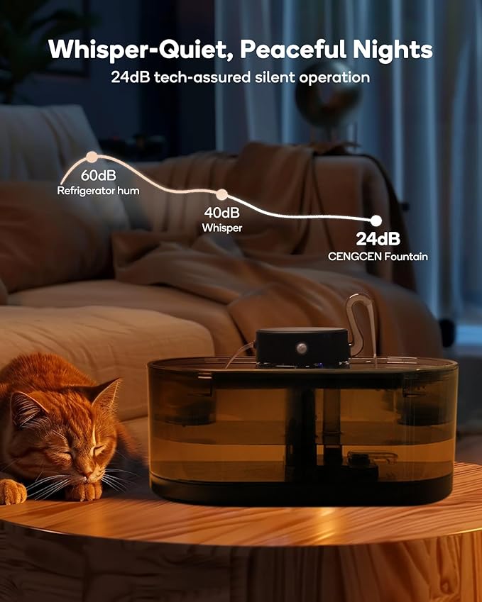 Cat Water Fountain Cordless, 108oz/3.2L Cengcen Wireless Cat Fountains for Drinking, Pet Water Fountains for Cats Indoor, Automatic Cat Water Dispenser Battery Operated 5000mAh Rechargeable, Black