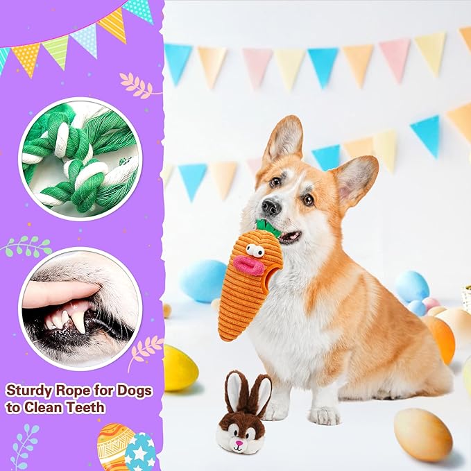 Easter Dog Toys, Hide and Seek Dog Toys, Squeaky Puzzle Dog Toy for Small and Medium Dogs, Interactive Cute Bunny and Carrot Easter Gift with Rope for Teething