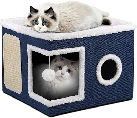 Shikha Cat Beds for Indoor Cats, Large Cat Cave with Cozy Condo, Fluffy Ball, Round Window, Foldable Indoor Cat House Hold Up to 30LBS, Cat Hideaway with Reversible Soft Cushions for All Seasons, Blue