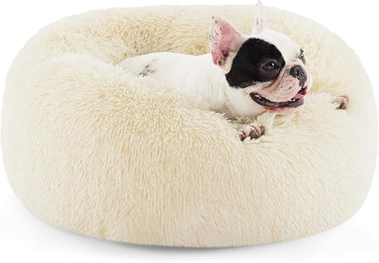 Bedsure Calming Dog Bed for Small Medium Dogs - Donut Washable Medium Pet Bed, 27 inches Anti-Slip Round Fluffy Plush Faux Fur Cat Bed, Ivory Beige